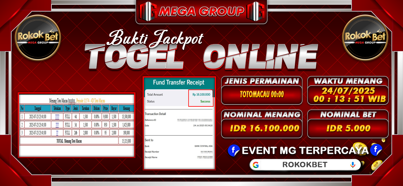 Bukti JP situs Rokokbet hari Kamis, 24 Juli 2025